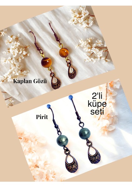Kaplan Gözü & Pirit Doğal Taşlı Bohem Damla Sallantılı, Kadın 2'li Küpe Seti, Kahverengi -Mat Sarı
