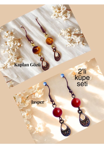 Kaplan Gözü & Jasper Doğal Taşlı Bohem Damla Sallantılı, Kadın 2'li Küpe Seti, Kahverengi -Kırmızı