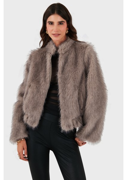 Regular Fit Bisiklet Yaka Fermuarlı Kürk Bayan Kürk 68912359939