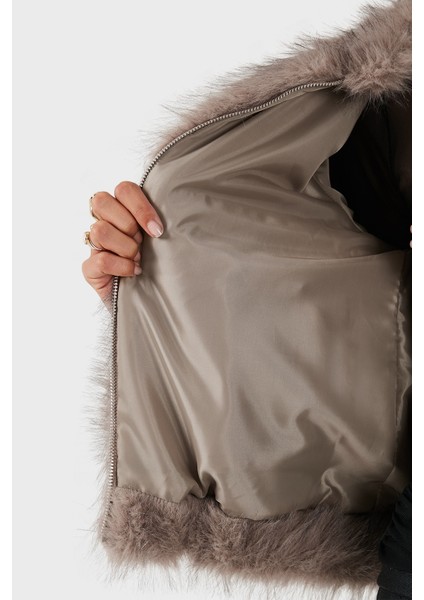 Regular Fit Bisiklet Yaka Fermuarlı Kürk Bayan Kürk 68912359939