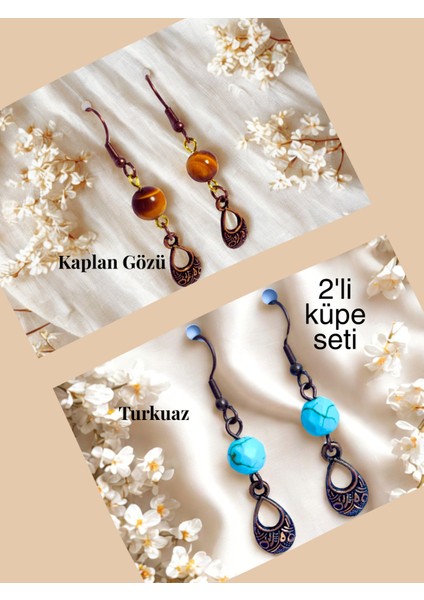 Kaplan Gözü & Turkuaz Doğal Taşlı Bohem Damla Sallantılı, Kadın 2'li Küpe Seti, Kahverengi -Turkuaz