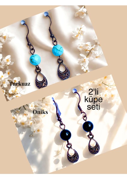 Turkuaz & Oniks Doğal Taşlı Bohem Damla Sallantılı, Kadın 2'li Küpe Seti, Turkuaz - Siyah
