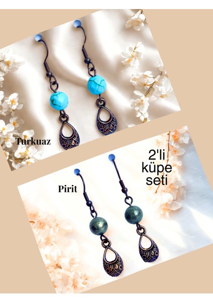 Turkuaz & Pirit Doğal Taşlı Bohem Damla Sallantılı, Kadın 2'li Küpe Seti, Turkuaz - Mat Sarı