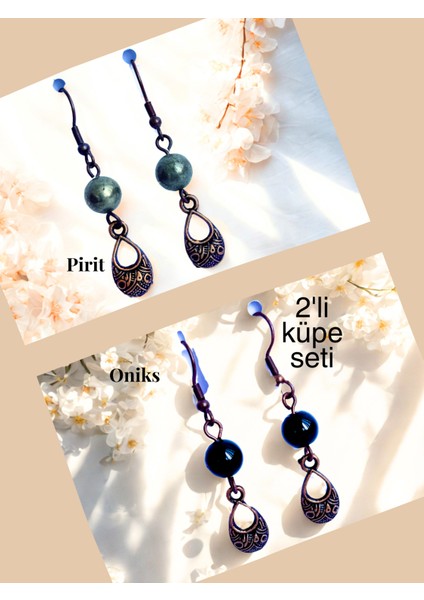 Pirit & Oniks Doğal Taşlı Bohem Damla Sallantılı, Kadın 2'li Küpe Seti, Mat Sarı-Siyah