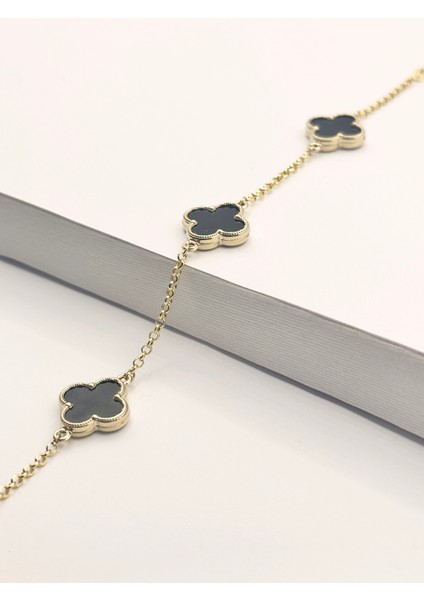 14 Ayar Altın Büyük Siyah Taşlı Yonca Bileklik