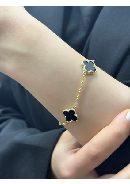 14 Ayar Altın Büyük Siyah Taşlı Yonca Bileklik fiyatları