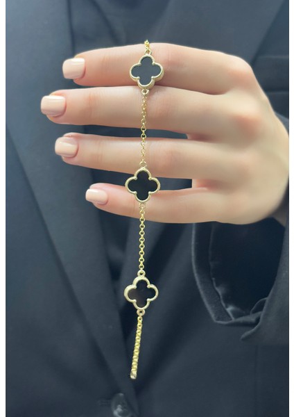 14 Ayar Altın Büyük Siyah Taşlı Yonca Bileklik modelleri