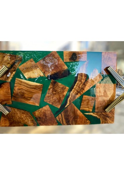 Zeytin Ağacından El Yapımı Ahşap Epoksi Sunum Tepsi / Düğün/nişan - 30*18 cm - Yeşil