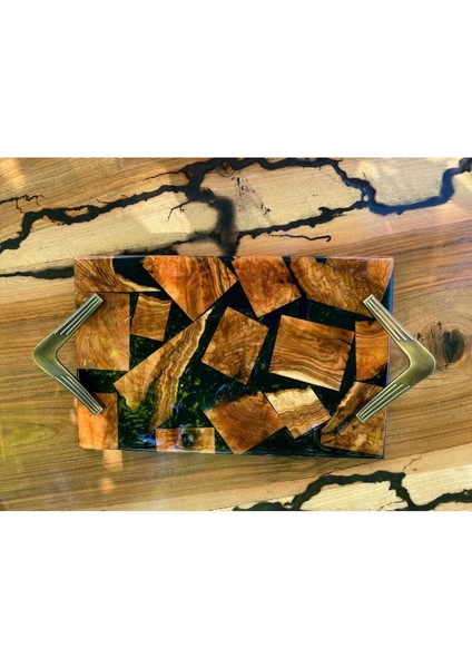 Zeytin Ağacından El Yapımı Ahşap Epoksi Sunum Tepsi / Düğün/nişan - 30*18 cm - Yeşil modelleri