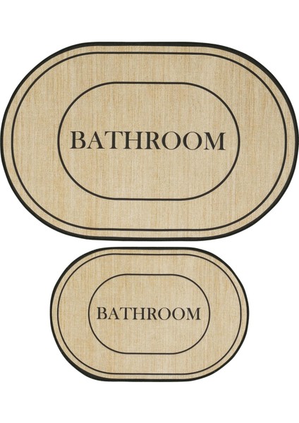 Armasi Kahve Oval Banyo Paspası Dijital Baskı Yıkanan Kaymaz İkili Banyo Paspas Takımı 40x60 60x100