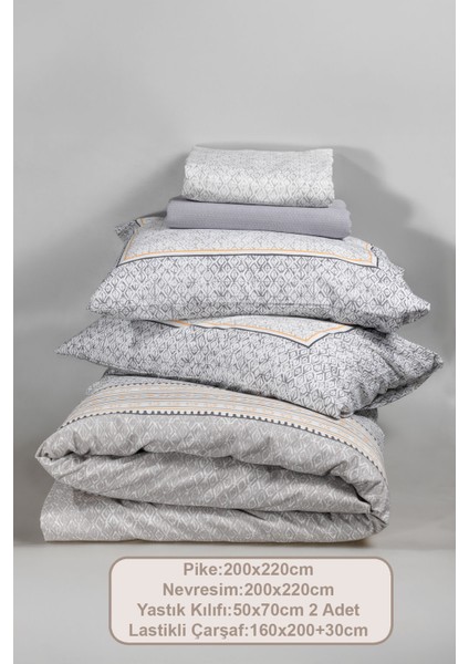 Liya Nevresimli Pike Takımı Çift Kişilik Pamuklu 5 Parça (200X220 Cm) Gri