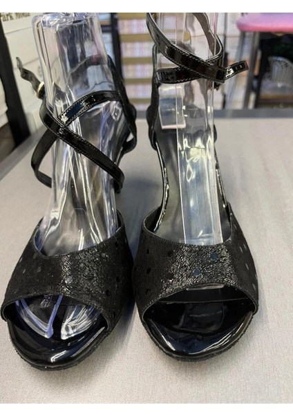 Siyah-Siyah Puantiye Detaylı 7,5 cm 11 Pont Kelebek Model Tango, Dans ve Salon Ayakkabısı