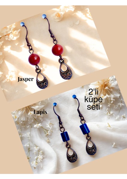 Jasper & Lapis Doğal Taşlı Bohem Damla Sallantılı, Kadın 2'li Küpe Seti,kırmızı-Mavi