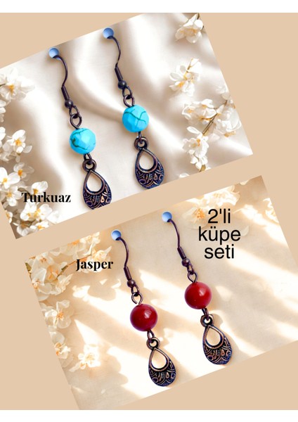 Turkuaz & Jasper Doğal Taşlı Bohem Damla Sallantılı, Kadın 2'li Küpe Seti, Turkuaz-Kırmızı