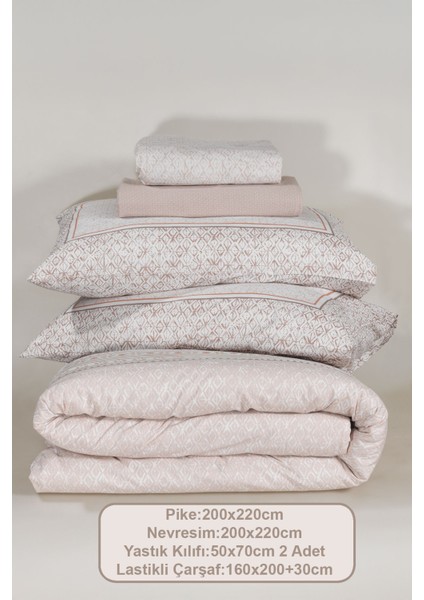 Liya Nevresimli Pike Takımı Çift Kişilik Pamuklu 5 Parça (200X220 Cm) Bej