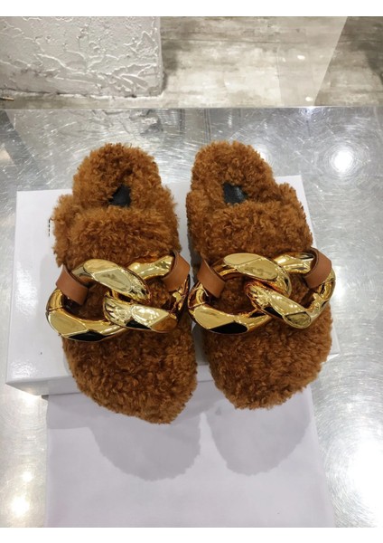 Soft Kürk Metal Zincir Kabarık Kadınlar Için Rahat Sıcak Peluş Ev Açık Dış Mekan Kapalı Yeni Terlikler
