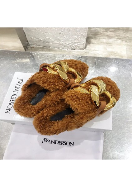 Soft Kürk Metal Zincir Kabarık Kadınlar Için Rahat Sıcak Peluş Ev Açık Dış Mekan Kapalı Yeni Terlikler modelleri