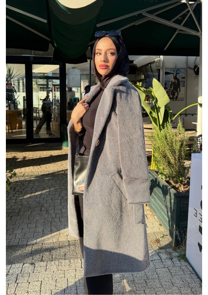 Düğme Detaylı Astarlı Angora Kaban- Füme fiyatları