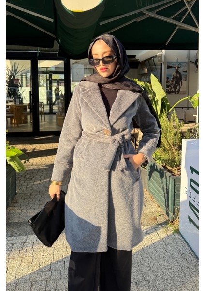 Düğme Detaylı Astarlı Angora Kaban- Füme modelleri