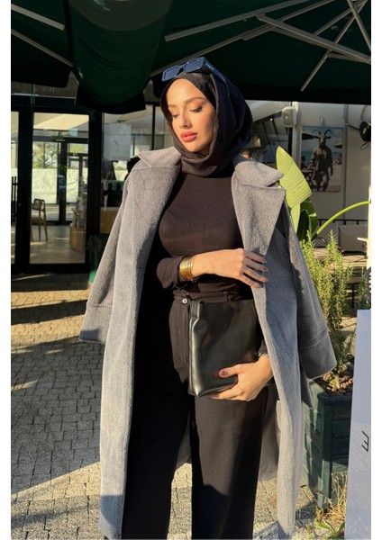 Düğme Detaylı Astarlı Angora Kaban- Füme fırsatları