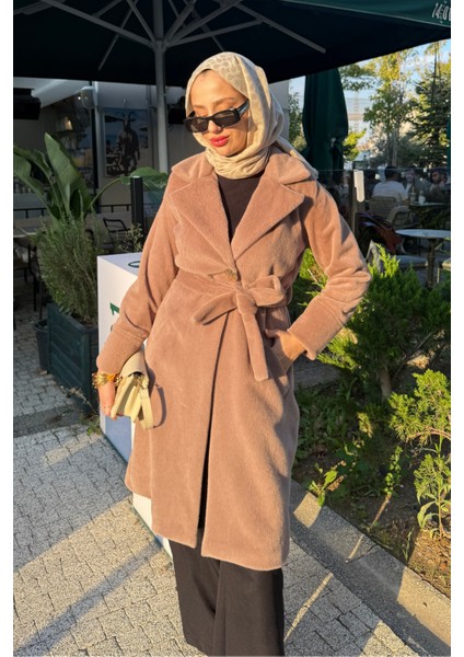 Düğme Detaylı Astarlı Angora Kaban- Vizon indirimleri