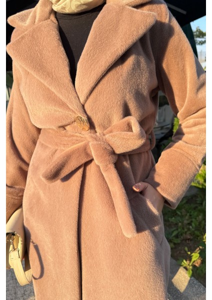 Düğme Detaylı Astarlı Angora Kaban- Vizon