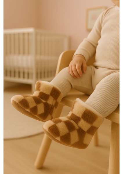 Bebek & Çocuk Kaydırmaz Tabanlı Ev Botu / Panduf / Kışlık Peluş Bot / Kare Desenli