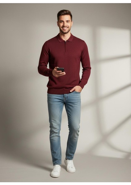 Erkek Yarım Fermuar Polo Yaka Triko Kazak