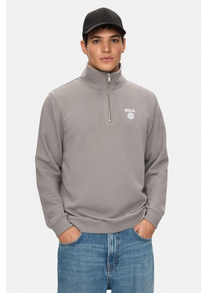 Leon Koyu Gri Yarım Fermuar Baskılı Standard Fit Erkek Sweatshirt