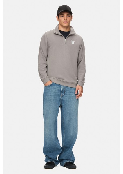 Leon Koyu Gri Yarım Fermuar Baskılı Standard Fit Erkek Sweatshirt modelleri