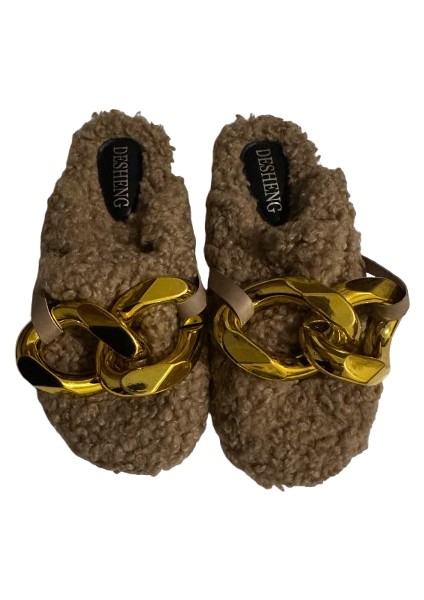 Soft Kürk Metal Zincir Kabarık Kadınlar Için Rahat Sıcak Peluş Ev Açık Dış Mekan Kapalı Yeni Terlikler