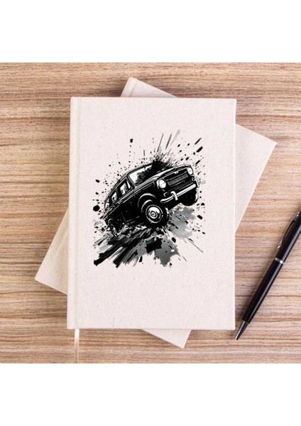 Cartoonish Travelling Black Car Çizgisiz Kanvas Defter Çizgisiz