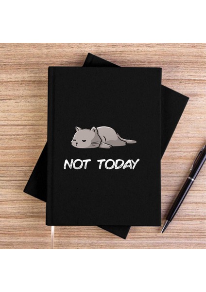 Kedi Not Today Siyah Kanvas Defter Çizgisiz
