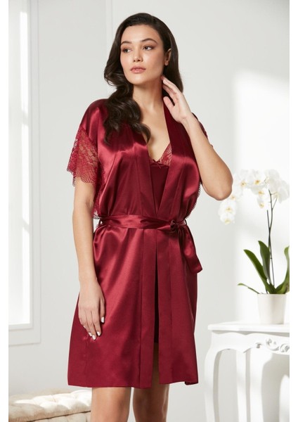 Bordo Saten Dantelli Gecelik Sabahlık Takım 4438