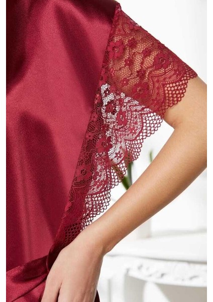 Bordo Saten Dantelli Gecelik Sabahlık Takım 4438 modelleri