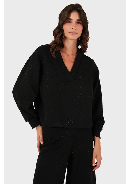 Via Dante Taşlı Oversize Fit V Yaka Bluz Bayan Bluz 268793733