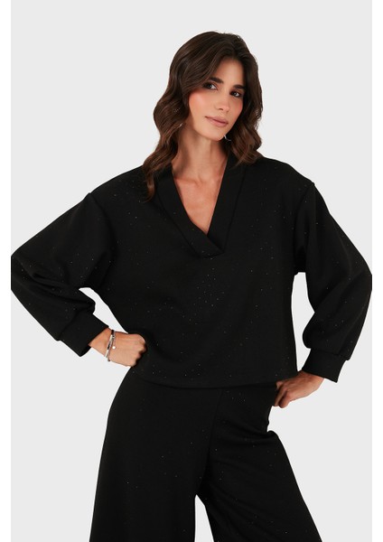 Via Dante Taşlı Oversize Fit V Yaka Bluz Bayan Bluz 268793733