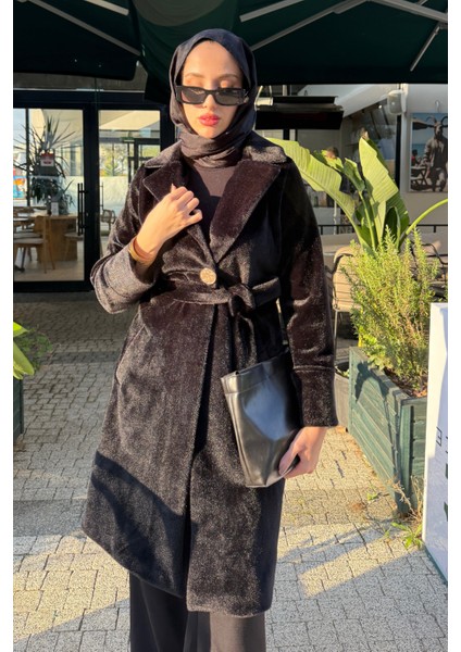 Düğme Detaylı Astarlı Angora Kaban- Siyah