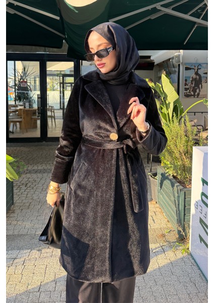 Düğme Detaylı Astarlı Angora Kaban- Siyah fiyatları