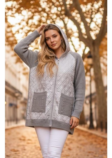 Kadın Büyük Beden Kapüşonlu Cepli Taş Detay Kapitoneli Triko Hırka