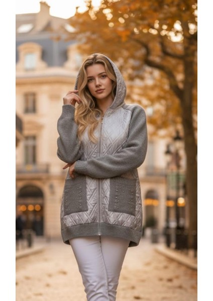 Kadın Büyük Beden Kapüşonlu Cepli Taş Detay Kapitoneli Triko Hırka fiyatları