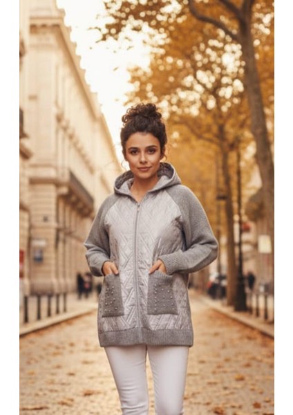 Kadın Büyük Beden Kapüşonlu Cepli Taş Detay Kapitoneli Triko Hırka modelleri
