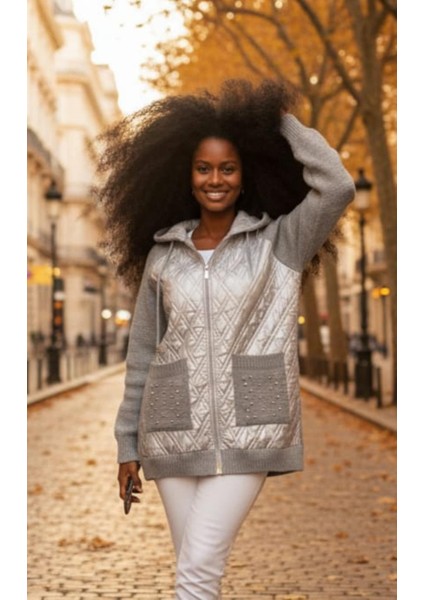 Kadın Büyük Beden Kapüşonlu Cepli Taş Detay Kapitoneli Triko Hırka fırsatları