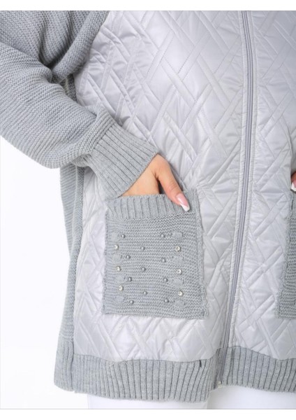 Kadın Büyük Beden Kapüşonlu Cepli Taş Detay Kapitoneli Triko Hırka