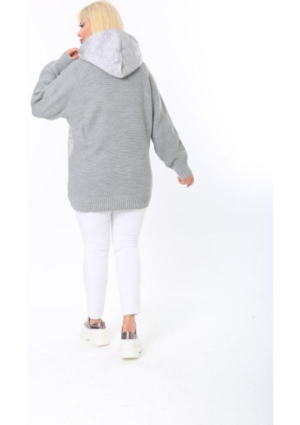 Kadın Büyük Beden Kapüşonlu Cepli Taş Detay Kapitoneli Triko Hırka