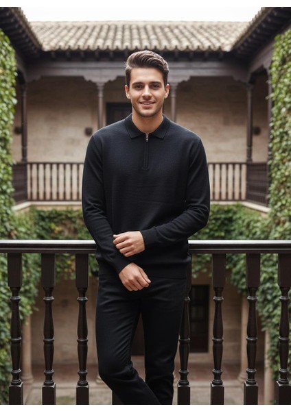 Erkek Yarım Fermuar Polo Yaka Triko Kazak
