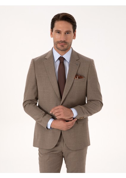 Erkek Camel Slim Fit Yün Karışımlı Mikro Desenli Klasik Ceket 50310061-VR015
