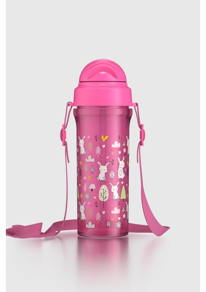 Migo Tavşan Desenli 300 ml Askılı Pipetli Pp Bebek Suluk 912013 Pembe