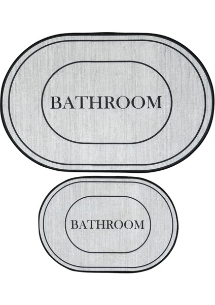 Armasi Gri Oval Banyo Paspası Dijital Baskı Yıkanabilir Kaymaz 2li Banyo Paspas Takımı 40x60 60x100