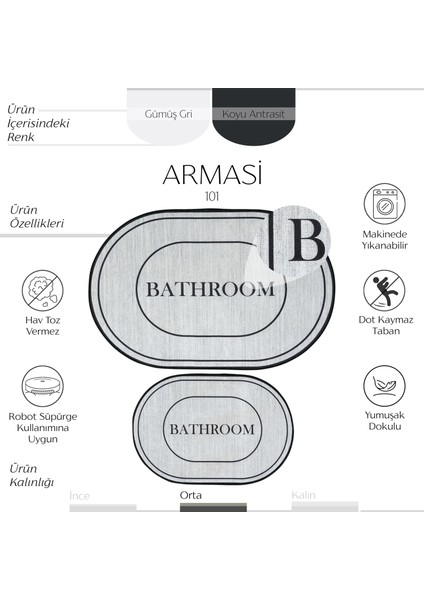 Armasi Gri Oval Banyo Paspası Dijital Baskı Yıkanabilir Kaymaz 2li Banyo Paspas Takımı 40x60 60x100 fiyatları